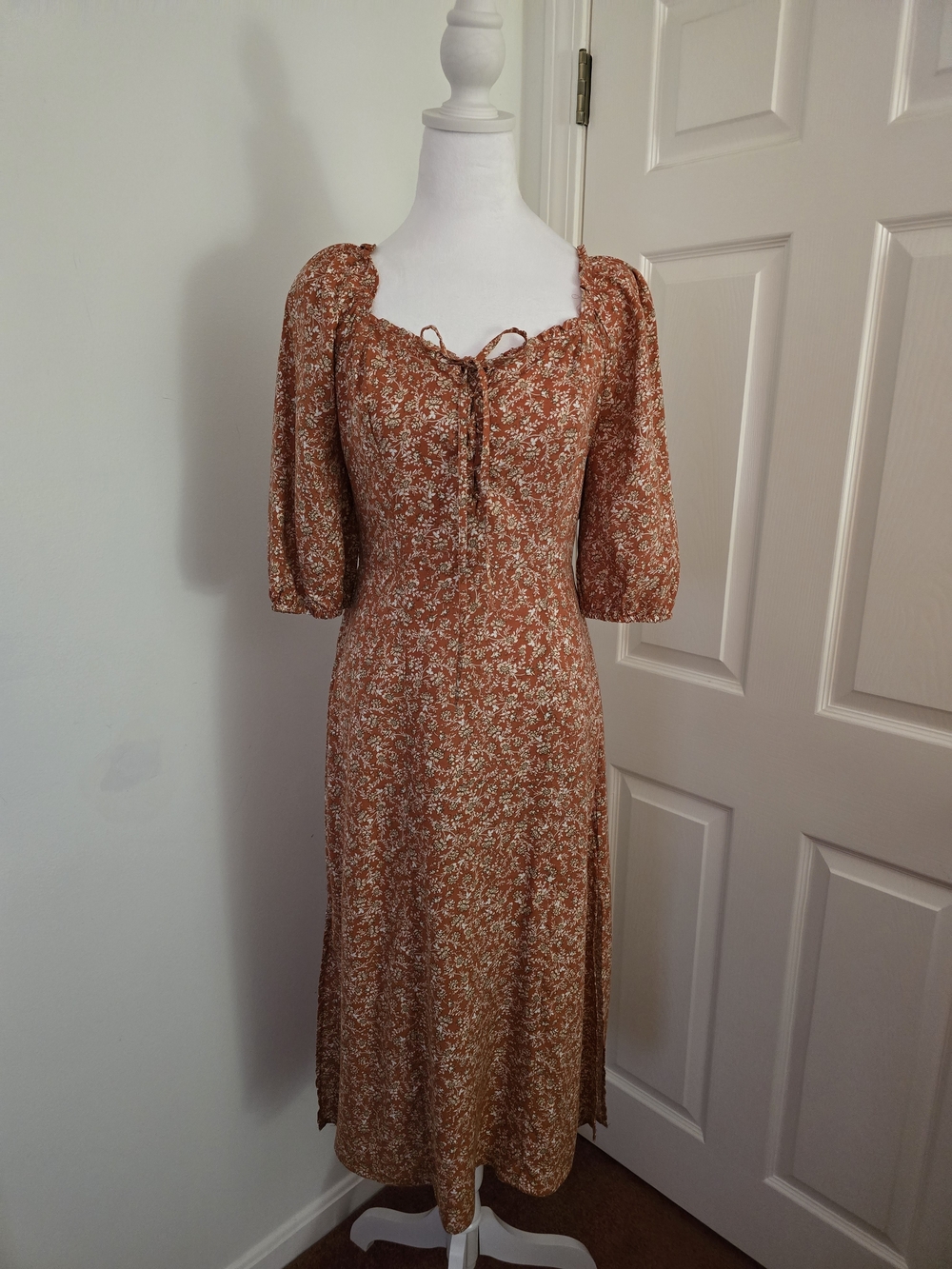 Sincerely Jules Orange/tan/brown Midi Pheasant Dress Sz. (Med)